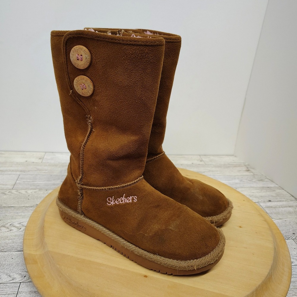 Skechers Kids Girls Size 3‎ Brown Faux Suede Winter Boots Buttons Pink Lining